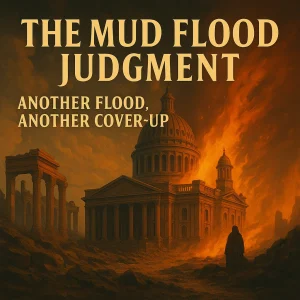 Ancient mud-covered building with glowing sky, symbolizing global judgment.