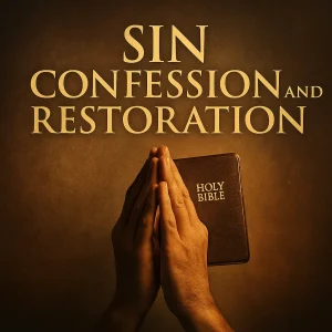 Hands lifted in prayer beneath bold text “Sin Confession and Restoration”—a visual of spiritual conviction and hope in Christ’s forgiveness.