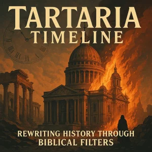 Tartarian building on fire with cloaked figure and ruins; “Tartaria Timeline – Rewriting History Through Biblical Filters” title overlaid.