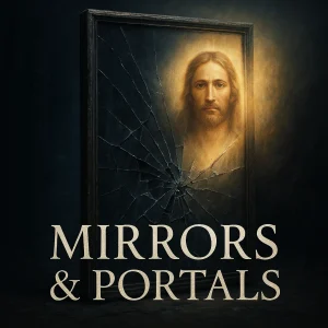 Cinematic poster for Mirrors & Portals series showing light breaking through glass, symbolizing reflection, portals, and Christ as the true mirror.