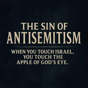 Bold poster image titled "The Sin of Antisemitism" with dark tones and glowing typography calling attention to God's covenant and rising hatred against Israel.
