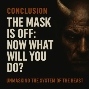 Dark square poster that reads: “The Mask Is Off… Now What Will You Do?”—representing a bold exposé of the Beast system in the last days.