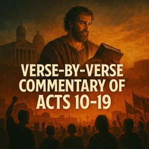 Square vintage-style poster for Verse by Verse Commentary of Acts 10–19 featuring biblical scenes and bold title text.
