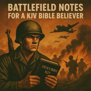 Soldier holding Bible stands in smoky battlefield—symbolizing spiritual warfare in the last days from a King James Bible believer’s perspective.