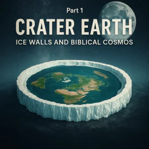 Poster for “Crater Earth – Ice Walls and the Biblical Cosmos” series, showing crater Earth with dome, ice walls, and light of New Jerusalem above.
