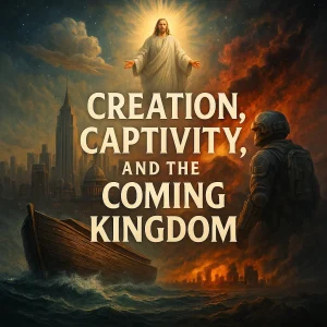 Movie-poster style image of Christ’s return above a city skyline, Noah’s Ark on stormy waters, and a soldier symbolizing captivity to kingdom prophecy.