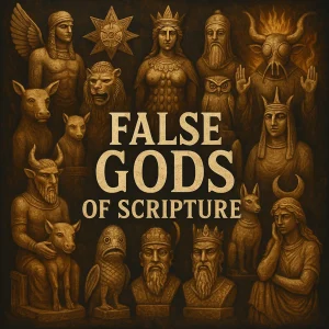 Collage of biblical false idols with dramatic lighting, titled “False Gods of Scripture,” symbolizing ancient idolatry and modern spiritual warnings.