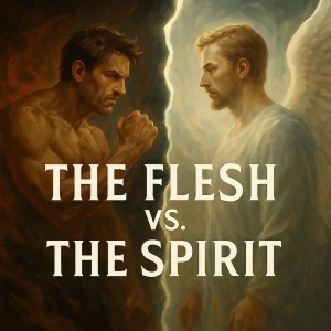 Flesh vs The Spirit series poster illustrating the biblical struggle between carnal flesh and the indwelling Spirit of God in Christian life.
