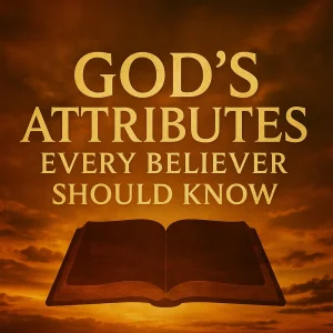 Square cover image for 10-part essay series titled "God’s Attributes Every Believer Should Know" with glowing text on a dark golden background.