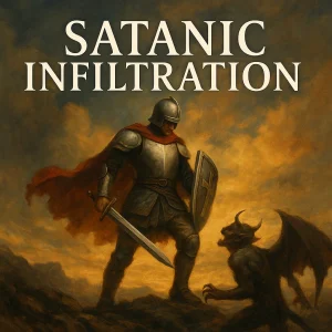 Movie-poster style image of a church glowing with divine light while wolves in sheep’s clothing lurk, symbolizing satanic infiltration of the church.