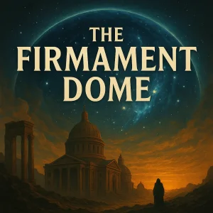 Firmament dome above flat earth with celestial lights, symbolizing biblical cosmology and the second coming of Christ through a rolled-back sky.