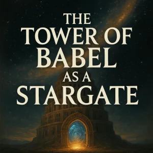Epic poster for "The Tower of Babel as a Stargate" series, showing ancient rebellion, cosmic reach, and spiritual gateways.