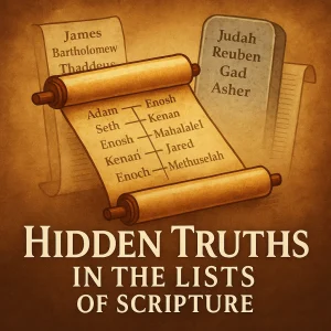 Square poster illustration showing scroll, golden light, and title Hidden Truths in the Lists of Scripture for a 53-part Bible study series.