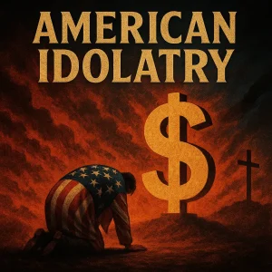 Striking poster for “American Idolatry” series, showing money and cultural idols exposed as false gods, calling Christians back to Christ alone.