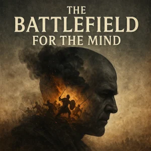 A cinematic poster of “The Battlefield for the Mind” series showing a figure under storm clouds with light breaking through, symbolizing victory in Christ.