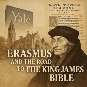 Poster for Erasmus and the Road to the King James Bible series, showing Erasmus with manuscripts, crown motif, and preserved Scripture imagery.