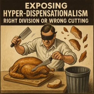 A man carves a turkey, discarding most into a trash bin labeled “Church Age,” exposing the flawed logic of hyper-dispensationalism.