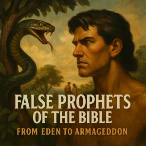 painting-style poster showing false prophets from eden to armageddon with bible imagery exposing deception from genesis to revelation.