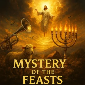 Cinematic poster for Mystery of the Feasts series with golden menorah, glowing light, and dramatic sky symbolizing God’s prophetic calendar.