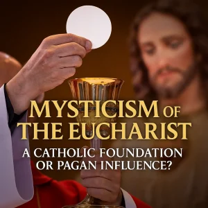 Mysticism of the Eucharist series poster – exposing Rome’s Eucharist as pagan alchemy and idolatry, contrasted with Paul’s memorial in the KJV.