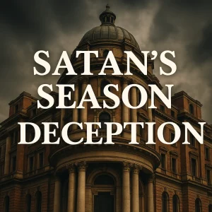 Square poster image with bold text “Satan’s Season Deception” over neoclassical architecture, symbolizing a 40-part Bible prophecy series.