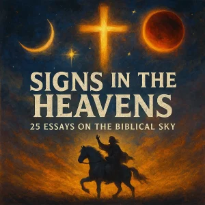 Signs in the Heavens series poster showing sun, moon, and stars as biblical prophecy symbols.