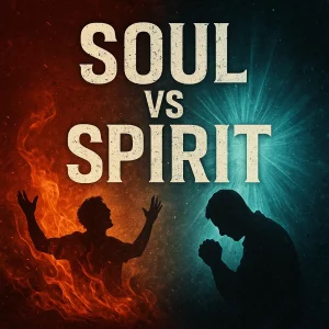 “Christian poster artwork showing contrast of fiery soul-driven worship and Spirit-led prayer with bold title ‘Soul vs Spirit.