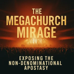 Cover for The Megachurch Mirage series exposing non-denominational apostasy, stadium-style churches, false revivals, and modern Laodicean deception.
