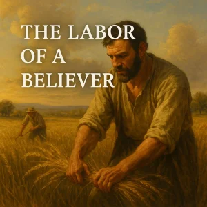 Realistic movie-poster style image of a believer holding a Bible in golden fields with a glowing cross, symbolizing Christian labor, endurance, and eternal reward.
