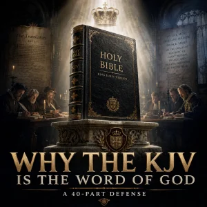 Why the KJV is the Word of God 40-part defense series poster featuring a King James Bible as the central authority.