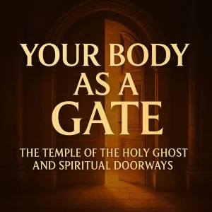 Square poster with glowing doorway and title ‘Your Body as a Gate – The Temple of the Holy Ghost and Spiritual Doorways’ in bold golden letters.