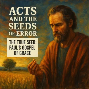 Painting of the Apostle Paul holding a seed in a wheat field at sunset, symbolizing the incorruptible gospel of grace overcoming false teachings.