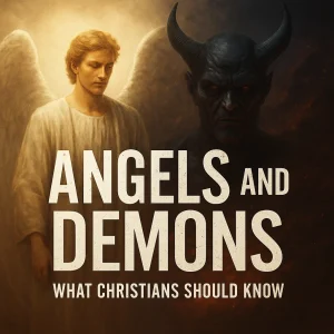 Angelic warrior confronts demonic force in cosmic battlefield, symbolizing biblical truths of spiritual warfare from the Angels and Demons essay series.