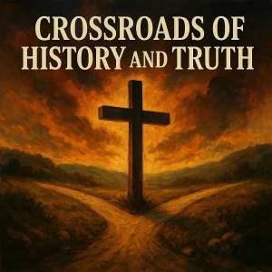 A lone cross stands at the meeting of two ancient roads beneath a blazing sky, symbolizing the battle between truth and deception throughout church history.