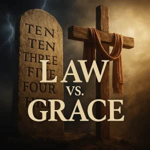 Realistic image of Mount Sinai under storm clouds and Calvary bathed in light, symbolizing the contrast between Law’s condemnation and Grace’s redemption.