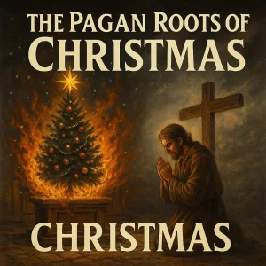 Realistic movie-poster-style image with a Christmas tree burning in the background, symbolizing the pagan origins of modern Christmas traditions.