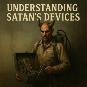 Realistic image of Satan as a sinister exterminator holding a toolbox of traps, symbolizing the 50 deceptive devices used to ensnare believers.