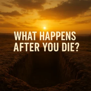 Open grave beneath a glowing sky with bold title text, symbolizing death, eternity, and the soul’s journey after the final breath.
