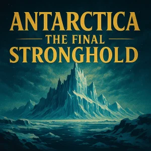 A mysterious image of Antarctica’s icy cliffs glowing under aurora light, symbolizing hidden biblical secrets and end-time revelations beneath the ice.
