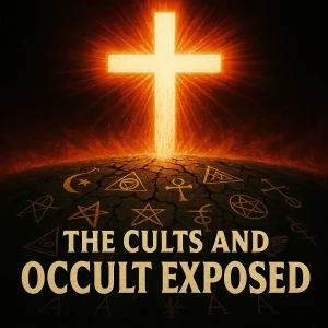 A blazing cross pierces through darkness and shattered occult symbols, revealing divine truth conquering deception in Cults and the Occult Exposed.