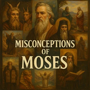 Square illustrated poster showing Moses surrounded by historical and cultural portrayals, with the title “Misconceptions of Moses” across the center.