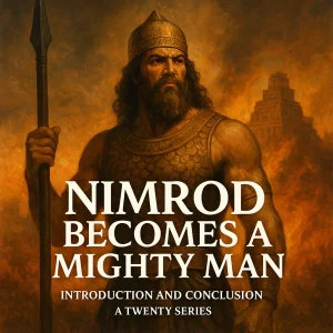 Square poster for Nimrod Becomes a Mighty Man series – Bible prophecy study of Nimrod, Babel, Babylon, idolatry, and Antichrist connections.
