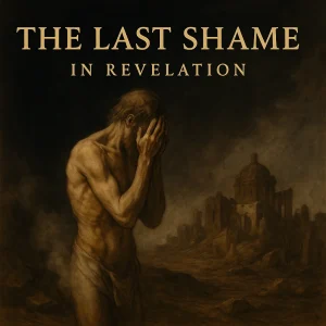 A sorrowful man stands in desolation before the ruins of a fallen city, symbolizing humanity’s final shame and exposure before divine judgment in Revelation.