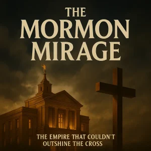 Realistic poster showing a Mormon temple and a wooden cross under stormy skies, symbolizing the empire of religion falling before the truth of Christ.