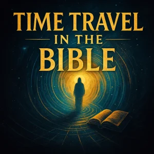 A digital illustration of a glowing figure walking through time toward a golden light with an open Bible—representing time travel in Scripture.