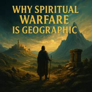 Cinematic artwork showing glowing ley lines across the earth with angelic warriors on mountain peaks symbolizing the unseen geography of spiritual warfare.