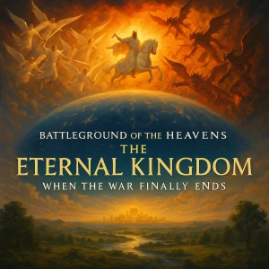 Cinematic artwork of angels in battle above the firmament promoting the Battleground of the Heavens series on cosmic warfare before Genesis.