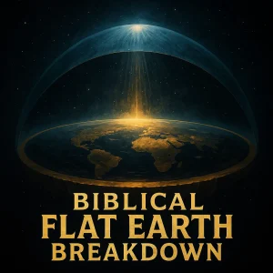 Cinematic flat earth under glowing firmament dome with golden title Biblical Flat Earth Breakdown.