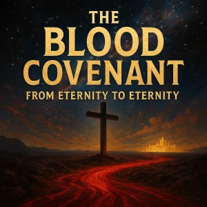 Cinematic poster showing a blood-red cross and golden horizon with the title “The Blood Covenant – From Eternity to Eternity.”