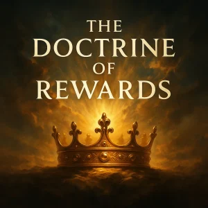 Square cinematic image of The Doctrine of Rewards series showing glowing figures before the heavenly throne with golden light and dramatic clouds.